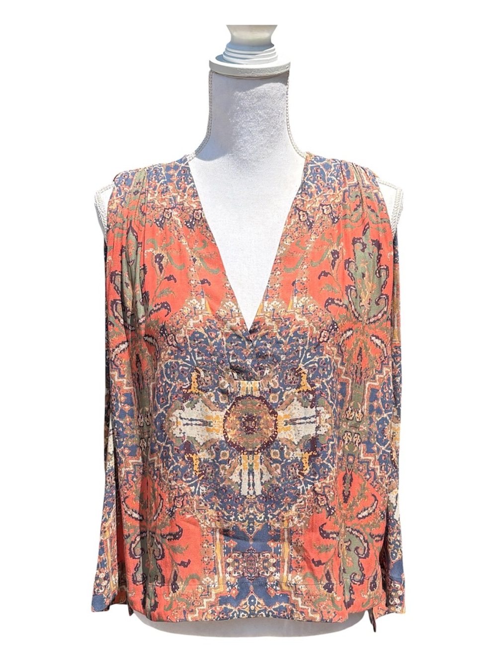 Free People Darcy Super V-neck Orange & Blue Boho Sleeveless Swing Tank Sz Small